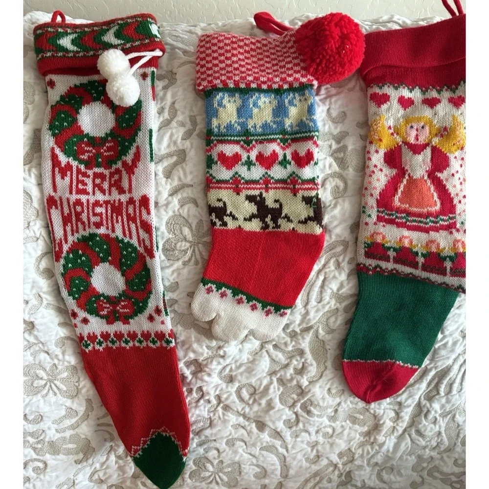 3 Vintage CHRISTMAS Stockings knit Dog, Santa/Carolers/Toys Merry Christmas 1960
